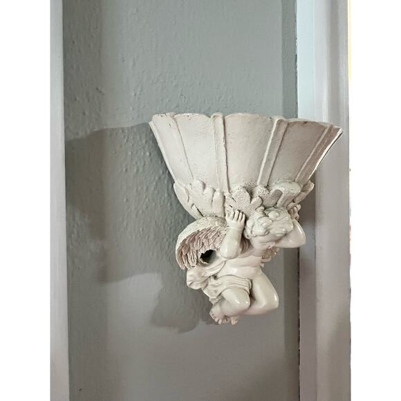 Vintage Wall Mounted Decor Resin Wall Pocket Cherub Angel Wings Cream - Picture 6 of 7